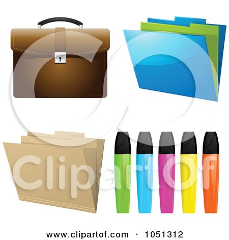 Royalty-Free Vector Clip Art Illustration of a Digital Collage Of Highlighters, Folders And A Briefcase by elaineitalia