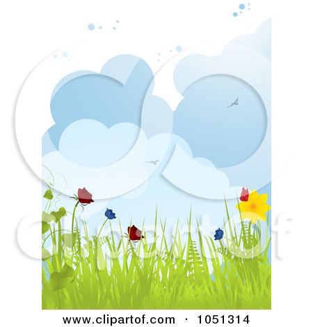 Royalty-Free Vector Clip Art Illustration of a Spring Background Of Flowers, Butterflies, Birds And Puffy Clouds by elaineitalia