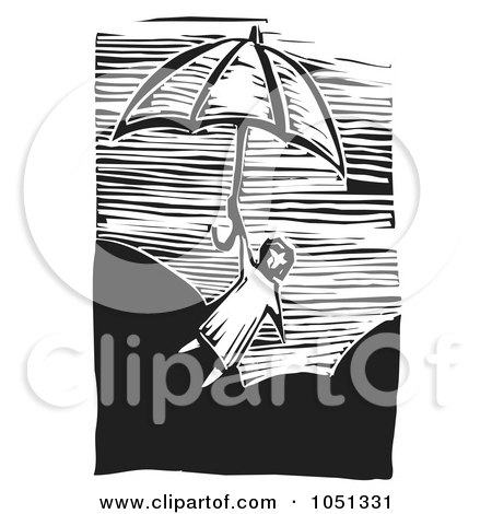 Royalty-Free Vector Clip Art Illustration of a Woodcut Styled Girl Floating Away On An Umbrella by xunantunich