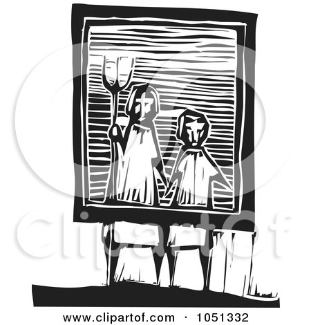 Royalty-Free Vector Clip Art Illustration of a Woodcut Styled Frame With A Farmer And Wife by xunantunich