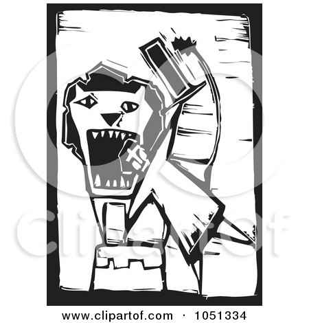 Royalty-Free Vector Clip Art Illustration of a Woodcut Styled Circus Man Sticking His Head In A Lion's Mouth by xunantunich