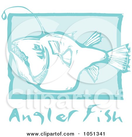 Royalty-Free Vector Clip Art Illustration of a Blue Woodcut Styled Angler Fish With Text Over Blue by xunantunich