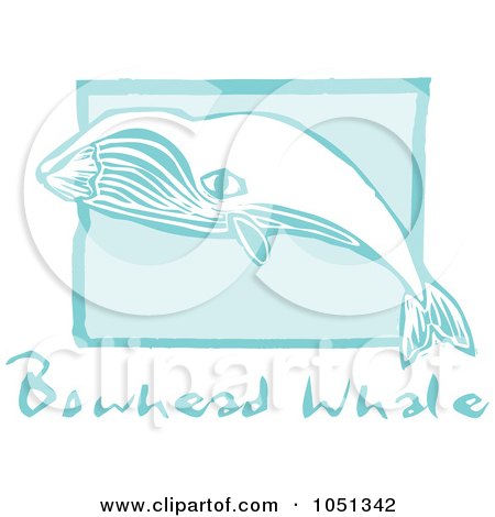 Royalty-Free Vector Clip Art Illustration of a Blue Woodcut Styled Bowhead Whale With Text Over Blue by xunantunich