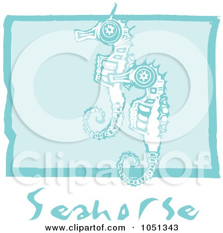 Royalty-Free Vector Clip Art Illustration of Blue Woodcut Styled Seahorses With Text Over Blue by xunantunich