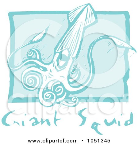 Royalty-Free Vector Clip Art Illustration of a Blue Woodcut Styled Giant Squid With Text Over Blue by xunantunich
