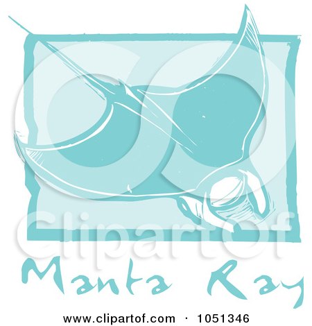 Royalty-Free Vector Clip Art Illustration of a Blue Woodcut Styled Manta Ray With Text Over Blue by xunantunich