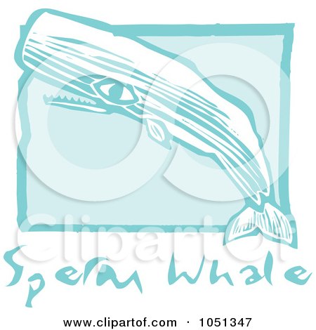 Royalty-Free Vector Clip Art Illustration of a Blue Woodcut Styled Sperm Whale With Text Over Blue by xunantunich