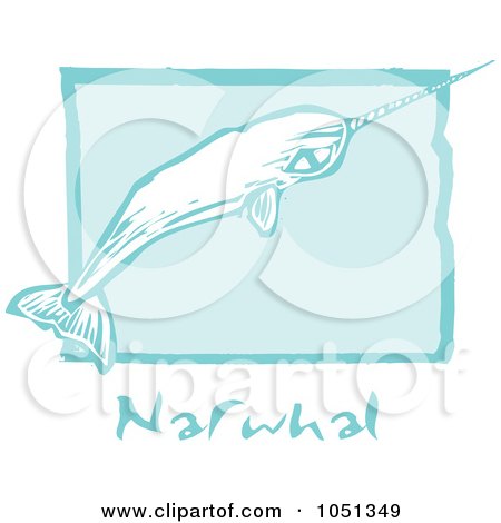 Royalty-Free Vector Clip Art Illustration of a Blue Woodcut Styled Narwhal With Text Over Blue by xunantunich