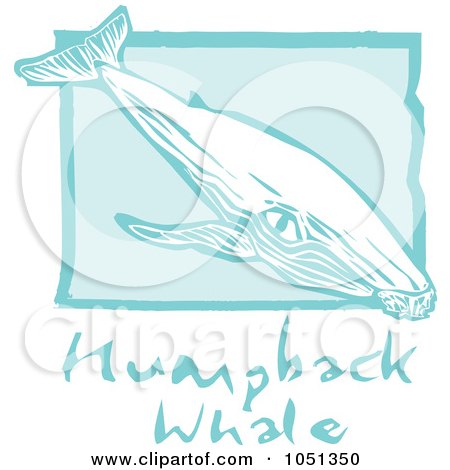 Royalty-Free Vector Clip Art Illustration of a Blue Woodcut Styled Humpback Whale With Text Over Blue by xunantunich