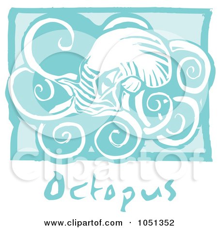Royalty-Free Vector Clip Art Illustration of a Blue Woodcut Styled Octopus With Text Over Blue by xunantunich