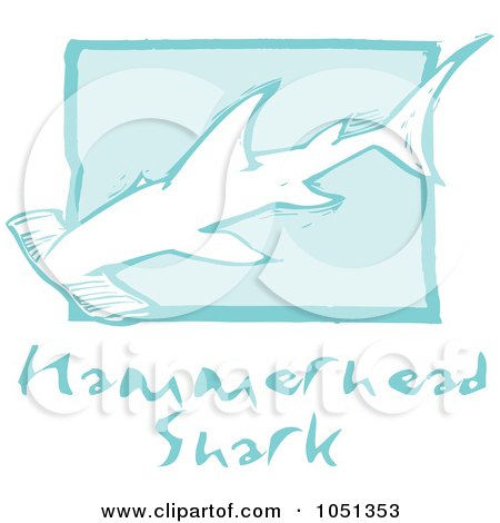 Royalty-Free Vector Clip Art Illustration of a Blue Woodcut Styled Hammerhead Shark With Text Over Blue by xunantunich