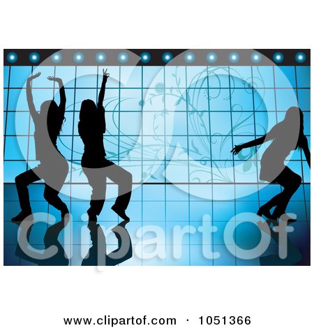 Royalty-Free Vector Clip Art Illustration of Silhouetted People Dancing Over Floral Blue by dero