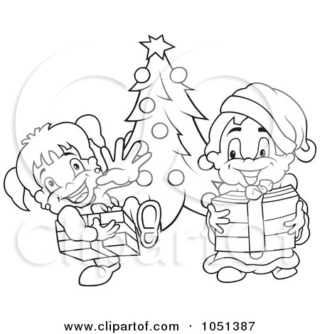 Royalty-Free Vector Clip Art Illustration of an Outline Of Kids At Christmas by dero