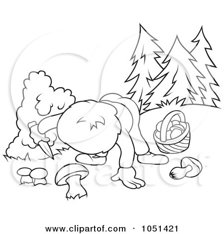 Royalty-Free Vector Clip Art Illustration of an Outline Of A Boy Gathering Mushrooms by dero