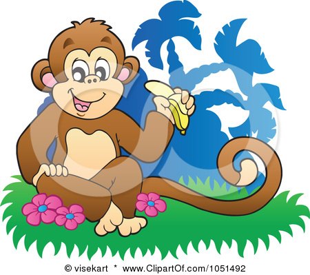 Royalty-Free Vector Clip Art Illustration of a Monkey Sitting And Eating A Banana Near Palm Trees by visekart