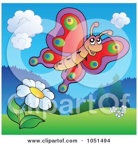 Royalty-Free Vector Clip Art Illustration of a Butterfly Over A Flower In A Spring Meadow by visekart