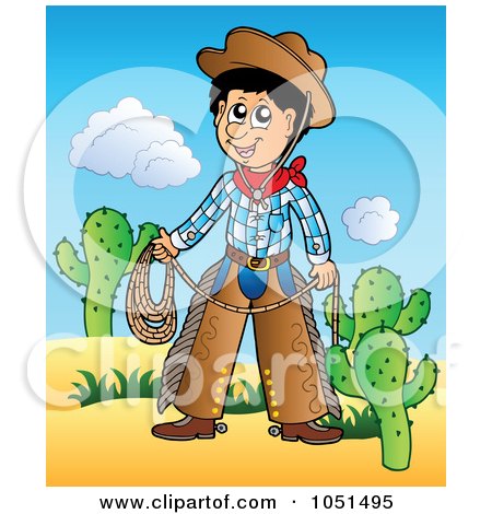 Royalty-Free Vector Clip Art Illustration of a Cowboy Holding Rope In A Desert by visekart