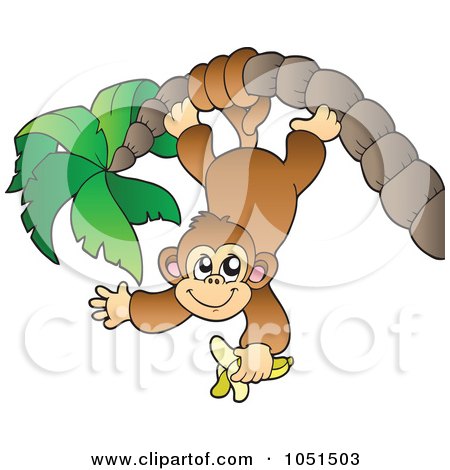 Royalty-Free Vector Clip Art Illustration of a Monkey Eating A Banana And Hanging From A Palm Tree by visekart