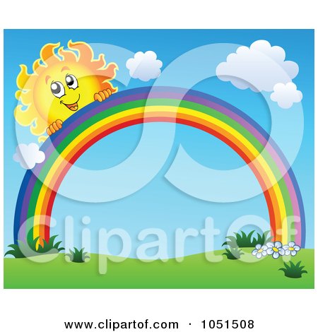 Royalty-Free Vector Clip Art Illustration of a Happy Sun Peeking Over A Rainbow In A Spring Landscape by visekart