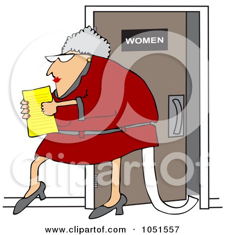 Royalty-Free Vector Clip Art Illustration of a Senior Office Woman Carrying A Document And Trailing Toilet Paper From The Restroom by djart