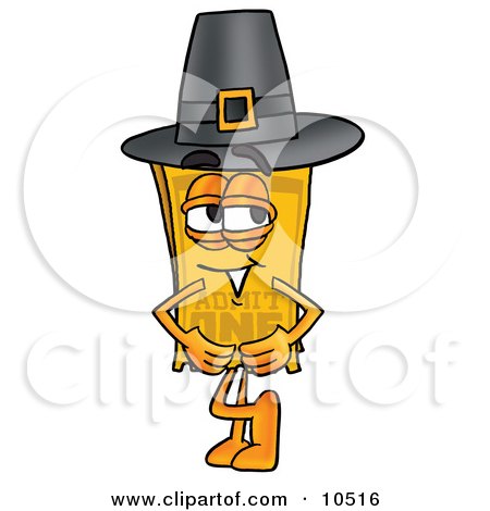 Clipart Picture of a Yellow Admission Ticket Mascot Cartoon Character Wearing a Pilgrim Hat on Thanksgiving by Mascot Junction