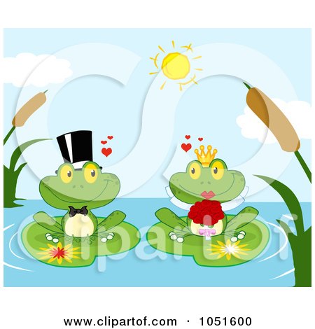 Royalty-Free Vector Clip Art Illustration of a Frog Bride And Groom On A Pond by Hit Toon