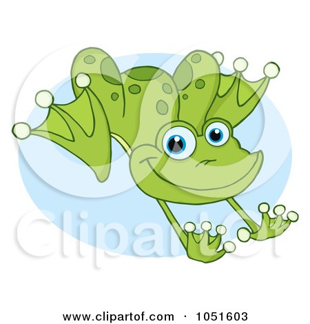 Royalty-Free Vector Clip Art Illustration of a Leaping Green Frog Over Blue by Hit Toon