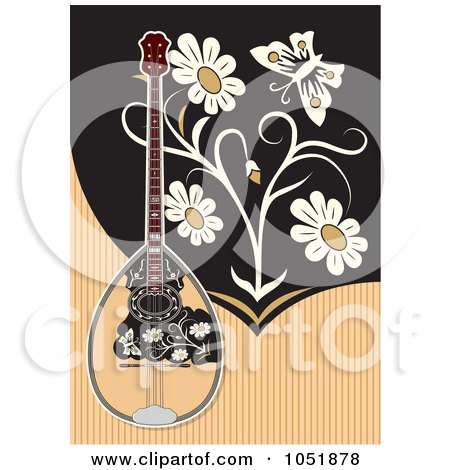 Royalty-Free Vector Clip Art Illustration of a Bouzouki On A Tan And Black Background With Flowers And A Butterfly by Any Vector