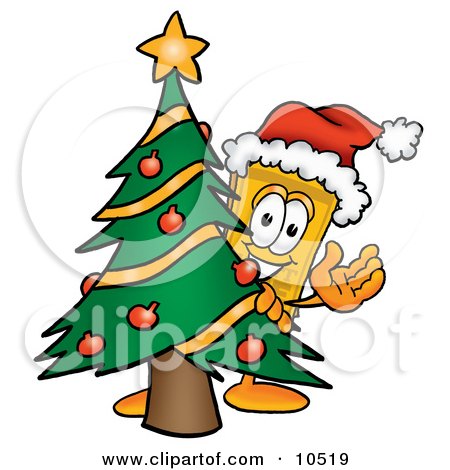 Clipart Picture of a Yellow Admission Ticket Mascot Cartoon Character Waving and Standing by a Decorated Christmas Tree by Mascot Junction
