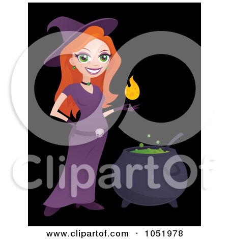 Royalty-Free Vector Clip Art Illustration of a Witch With A Floating Flame Over A Cauldron by John Schwegel