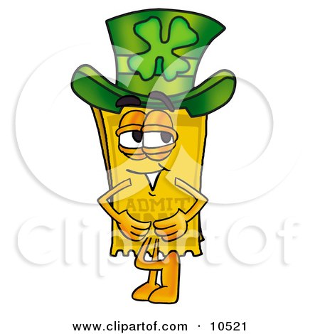 Clipart Picture of a Yellow Admission Ticket Mascot Cartoon Character Wearing a Saint Patricks Day Hat With a Clover on it by Mascot Junction
