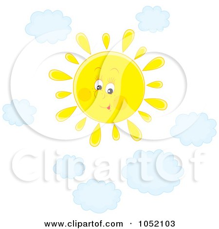 Royalty-Free Vector Clip Art Illustration of a Happy Sun Shining In A Sky With Puffy Blue Clouds by Alex Bannykh