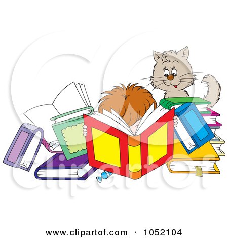 Royalty-Free Vector Clip Art Illustration of a Cat Watching A Boy Reading Tons Of Books by Alex Bannykh