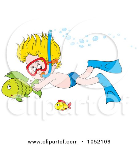 Royalty-Free Vector Clip Art Illustration of a Snorkeling Boy Holding Onto A Fish by Alex Bannykh