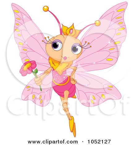 Royalty-Free Vector Clip Art Illustration of a Princess Butterfly Holding A Pink Flower by Pushkin