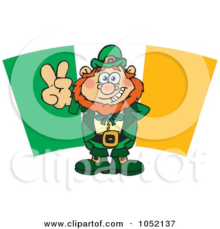 Royalty-Free Vector Clip Art Illustration of a Leprechaun Gesturing A Peace Sign In Front Of An Irish Flag by Dennis Holmes Designs