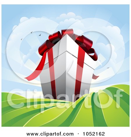 Royalty-Free Vector Clip Art Illustration of a Gigantic Gift Box Towering Over Green Fields by AtStockIllustration