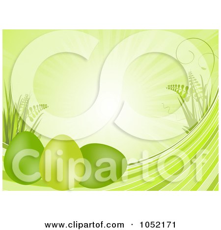 Royalty-Free Vector Clip Art Illustration of a Green Easter Egg Background With Rays And Plants by elaineitalia
