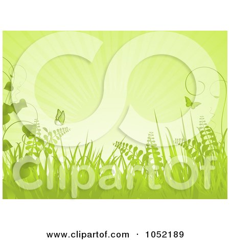 Royalty-Free Vector Clip Art Illustration of a Green Spring Background Of Butterflies, Grasses And Rays by elaineitalia