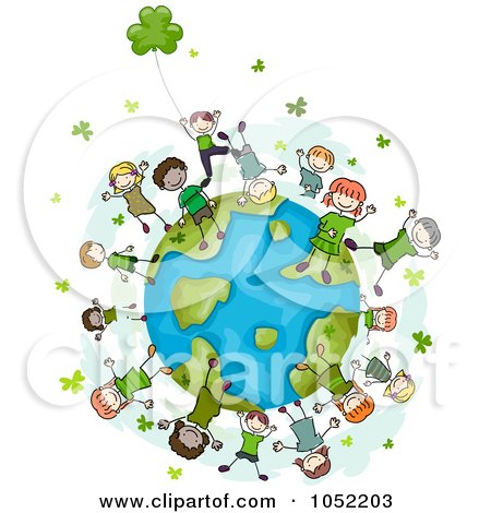 Royalty-Free Vector Clip Art Illustration of Doodled St Patricks Kids With Clovers On A Globe by BNP Design Studio