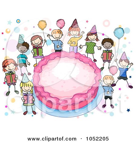 Royalty-Free Vector Clip Art Illustration of Doodled Kids Around A Giant Birthday Cake by BNP Design Studio