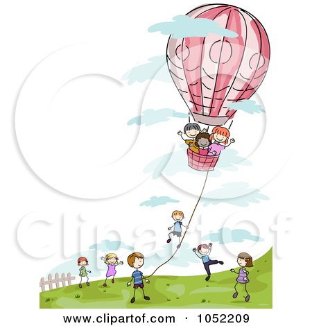 Royalty-Free Vector Clip Art Illustration of a Doodled Kids Playing With A Hot Air Balloon by BNP Design Studio
