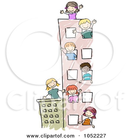 Royalty-Free Vector Clip Art Illustration of a Doodled Building With Happy Kids by BNP Design Studio