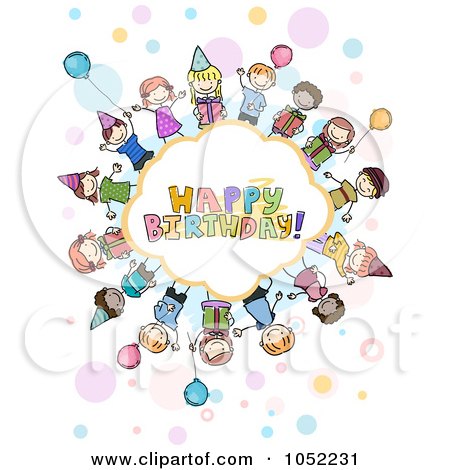 Royalty-Free Vector Clip Art Illustration of Doodled Children Around A Happy Birthday Cloud by BNP Design Studio