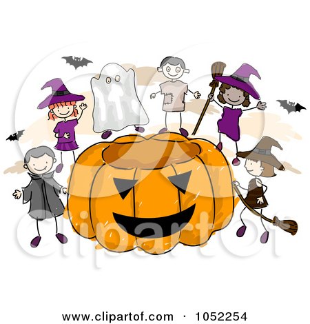 Royalty-Free Vector Clip Art Illustration of Doodled Halloween Kids With A Giant Pumpkin by BNP Design Studio