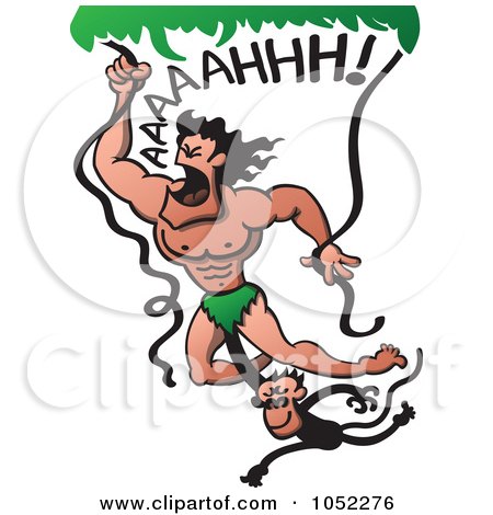 Royalty-Free Vector Clip Art Illustration of a Monkey Hanging Onto Tarzan Swinging From Vines by Zooco
