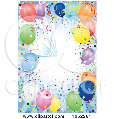 Royalty-Free Vector Clip Art Illustration of a Blue Background Of Rays, Confetti And Party Balloons by dero