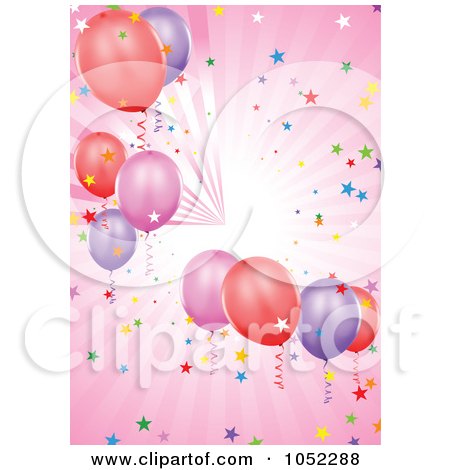 Royalty-Free Vector Clip Art Illustration of a Pink Background Of Rays, Confetti And Party Balloons by dero