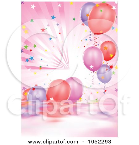 Royalty-Free Vector Clip Art Illustration of a Pink Background Of Water, Rays, Confetti And Party Balloons by dero