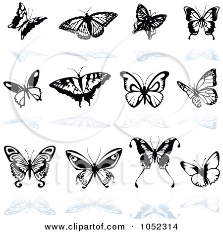 Royalty-Free Vector Clip Art Illustration of a Digital Collage Of Black And White Butterfly Logos With Reflections by dero